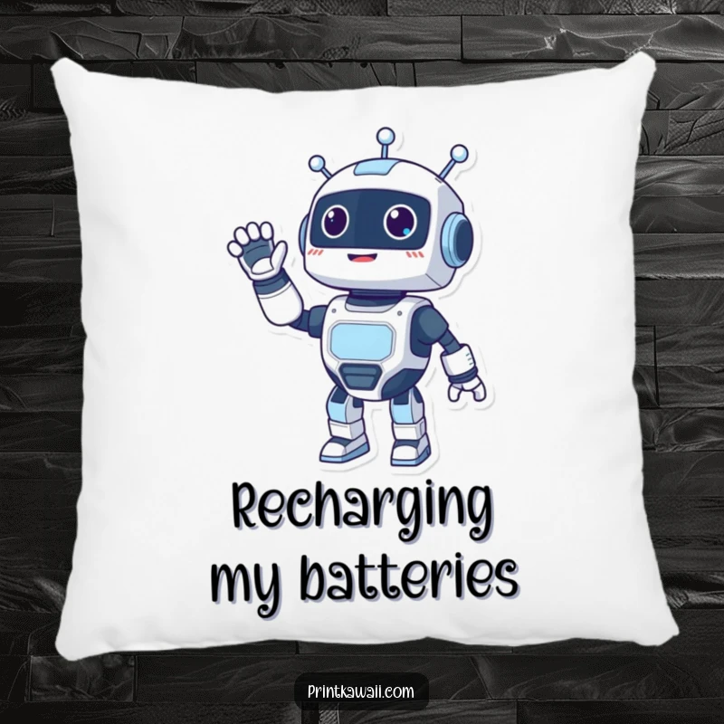 Funny throw pillow with a happy robot character giving an energetic wave, embodying friendliness and robotic charm.