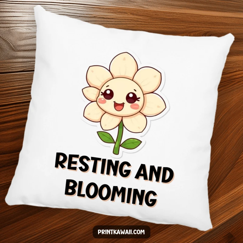 Funny happy flower character on a pillow, petals unfurling, soft and comfortable with a cheerful, floral design, funny gift.