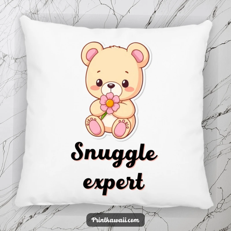 Funny Pillow with a content teddy bear character holding a flower, offering gentle comfort and a touch of cuddly decor.
