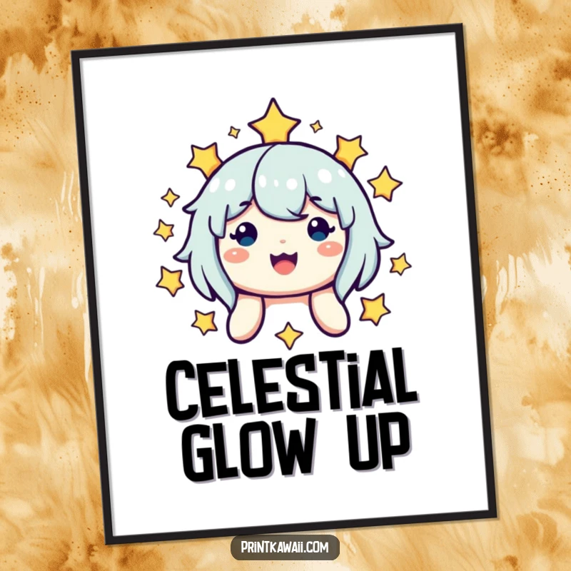 Funny digital art print featuring a cute smiling character radiating joy in a beautiful star-filled galaxy, perfect for home or office.