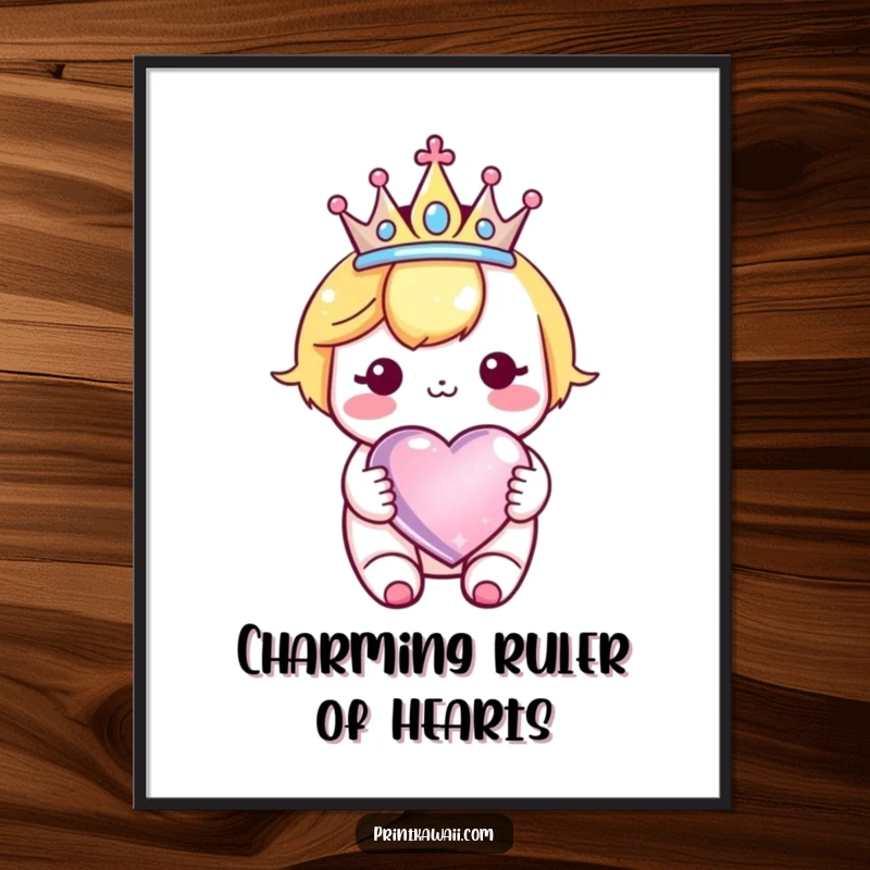 Funny Kawaii Crown Heart Digital Art Print: Whimsical character wearing a crown, holding a sparkly heart, ready to adorn walls.