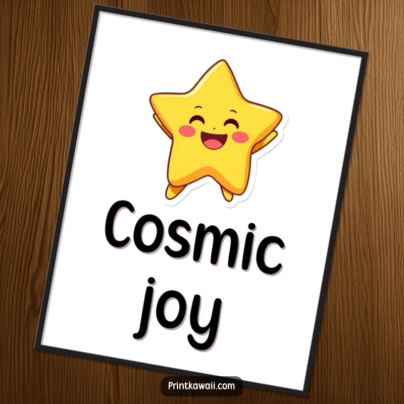 Funny digital art print of a smiling star character joyfully jumping, ready to add cheer to any space.