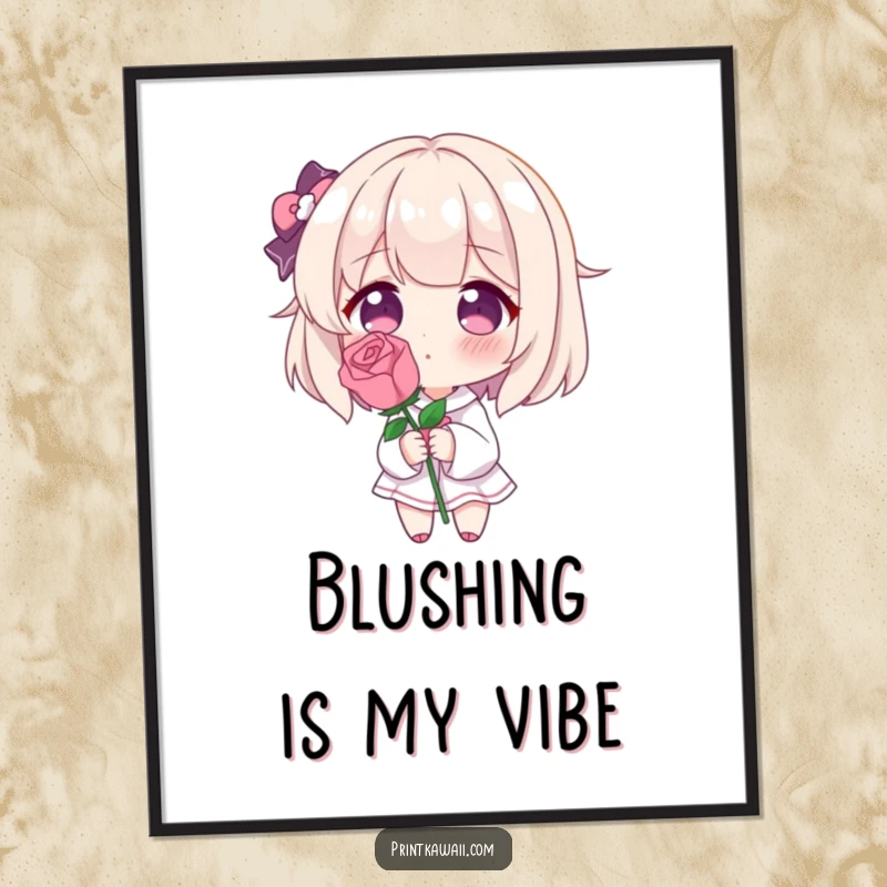 Funny digital art print of a character blushing deeply, holding a single perfect rose, ideal for decoration and expressing shy love.