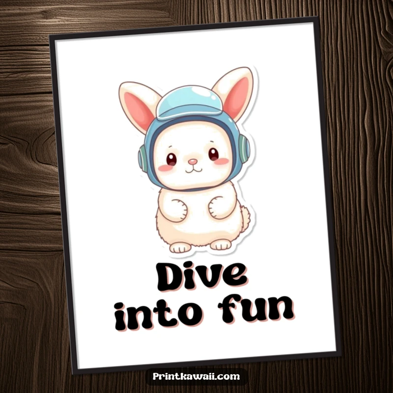 Funny digital art print of a fluffy bunny character wearing a tiny, oversized diving helmet, for instant whimsical decor.