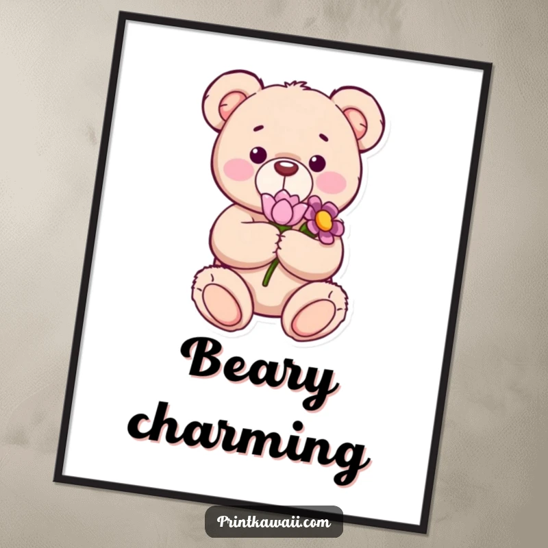 Funny digital art print showing a content teddy bear holding a flower, perfect for adding sweet charm and warmth to any decor, a lovely funny gift.