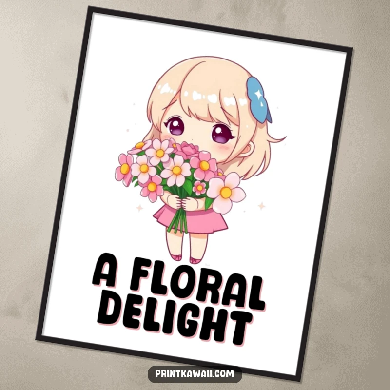 Funny digital art print of a cute character holding a bouquet of sparkling flowers, perfect for immediate download and display.