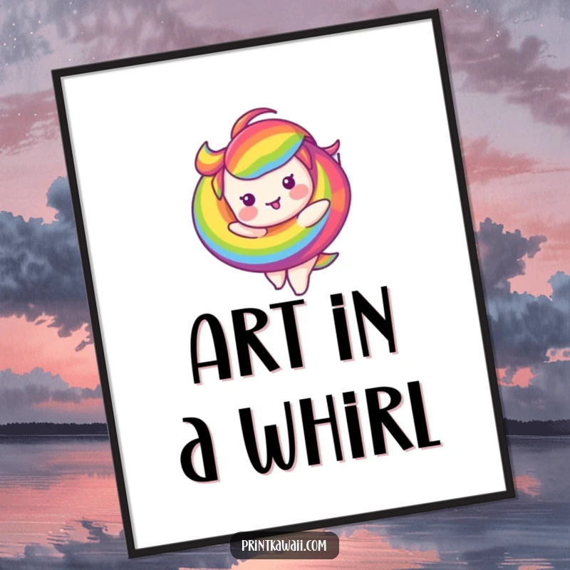 Funny digital art print of a joyful rainbow swirl character in a dynamic twirl, ideal for vibrant and humorous decoration.