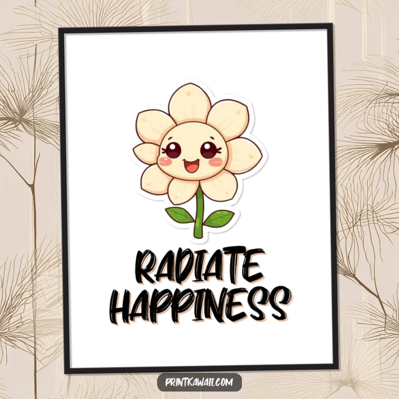 Funny happy flower character digital art print, petals unfurling, radiating positivity and natural beauty, perfect funny gift.