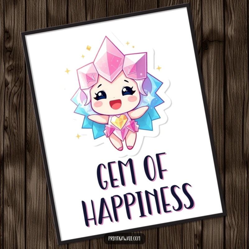 Funny Digital Art Print of a sparkling gem character radiating happiness, ready to add instant radiant cheer to any display.