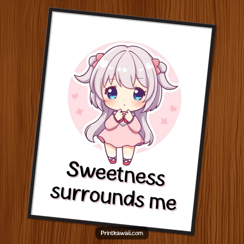 Funny Digital Art Print: A character in a sweet, peaceful pose bathed in a soft pink aura.