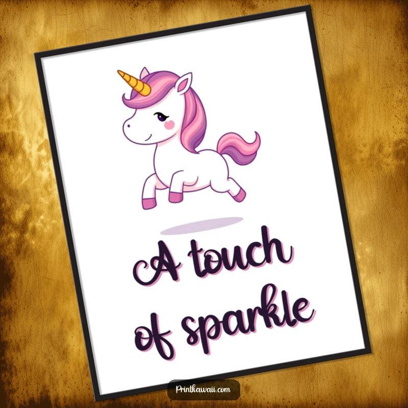 Funny unicorn character prancing with delight in a digital art print, ready to be downloaded and displayed for instant whimsical charm.