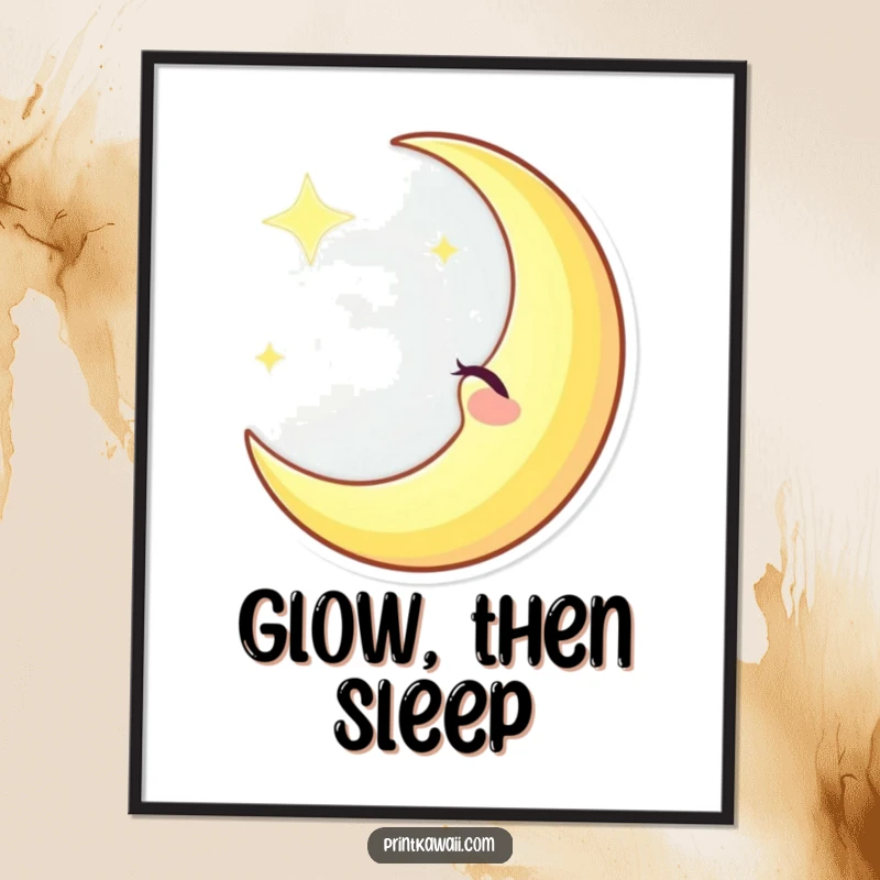 Funny winking crescent moon character digital art print, casting a gentle glow, radiating playful celestial charm, perfect funny gift.