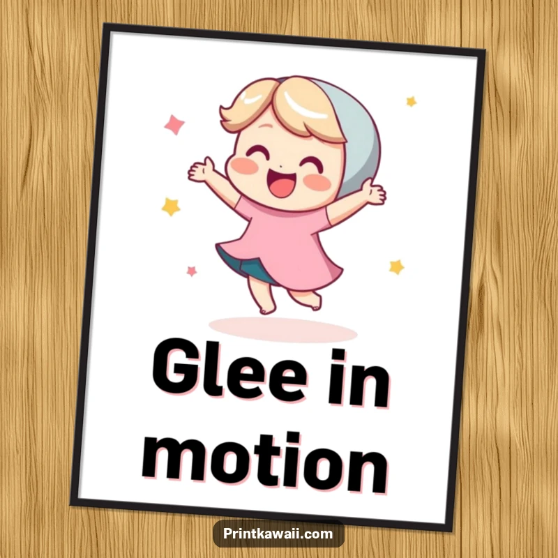 Funny digital art print of a cute character performing a happy little dance with infectious glee, capturing a moment of pure, vibrant joy.