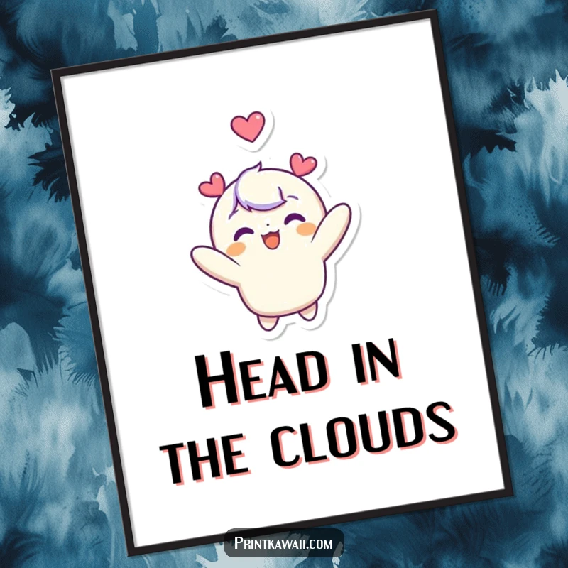 Funny digital art print of a cute character joyfully floating upwards, a heart symbol hovering above its head, perfect for home decor.
