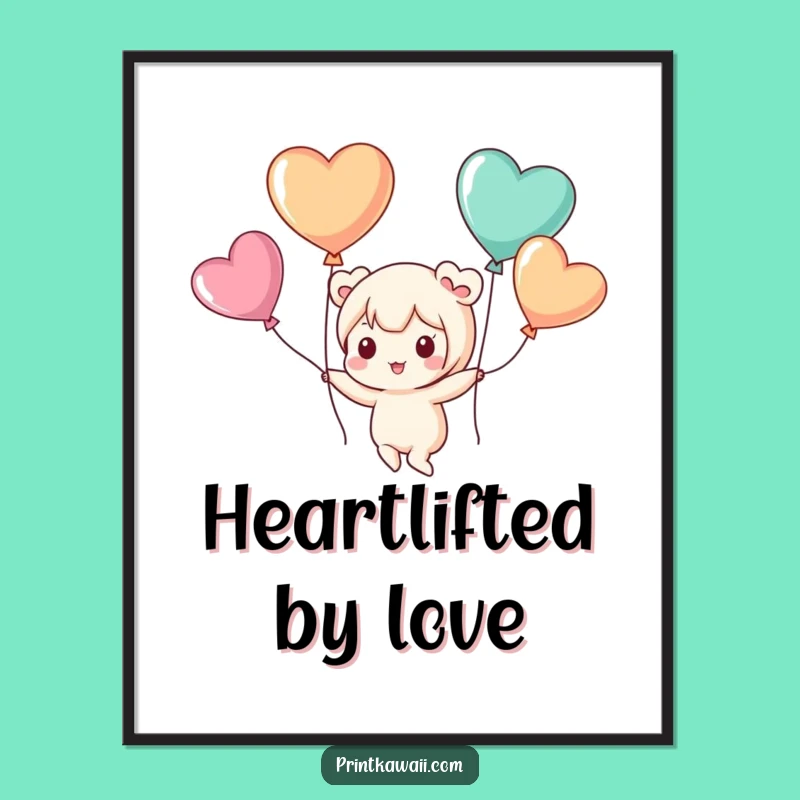 Funny Floating Art Print: Cute Kawaii Character's Heart Balloon Joy