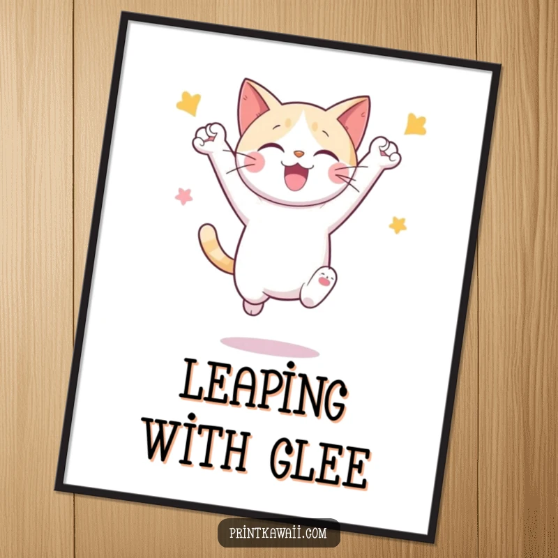 Funny digital art print of a cute cat character leaping joyfully in celebration, rendered in a vibrant, fun style.