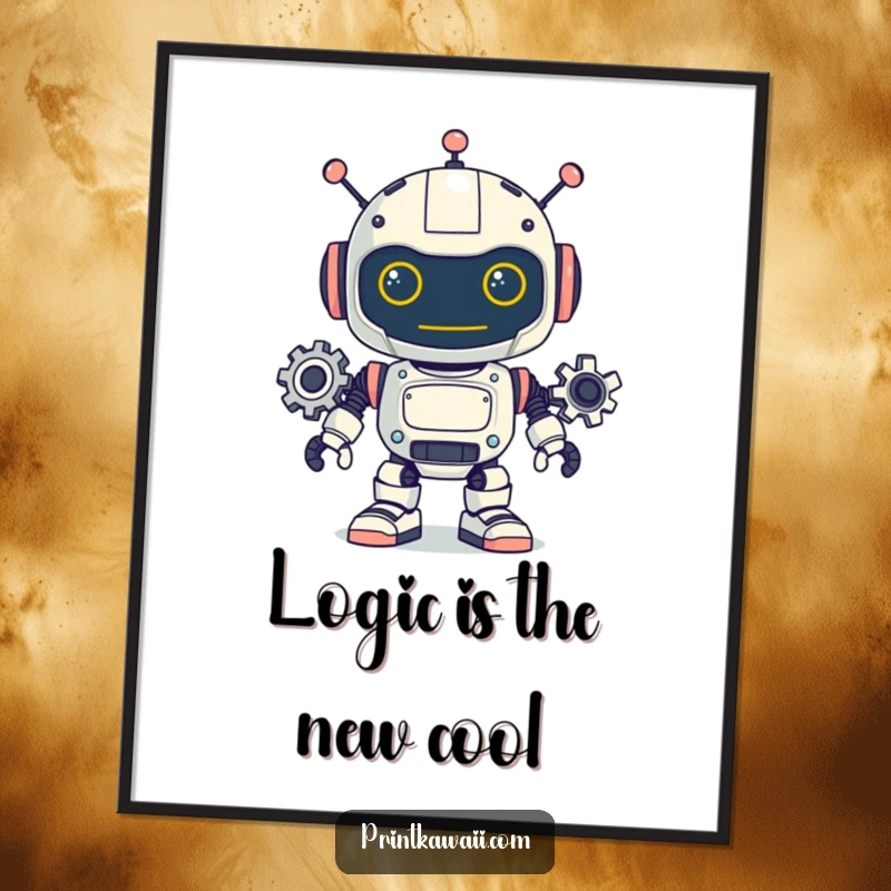 Funny digital art print of a playful robot character with its gears turning, perfect for adding a whimsical and intellectual flair to any room.