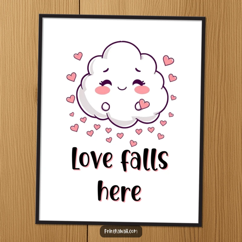Funny digital art print of a whimsical cloud character playfully raining tiny hearts, for instant heartwarming decor.