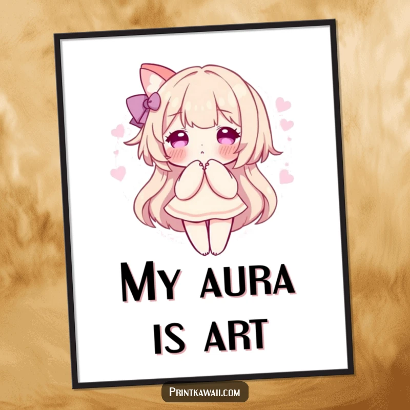 Funny digital art print of a character in a sweet pose, surrounded by a soft, pink aura, perfect for decoration and gentle vibes.
