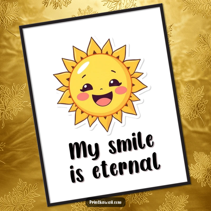 Funny digital art print of a cheerful sun character with a wide smile, symbolizing instant warmth for screens.