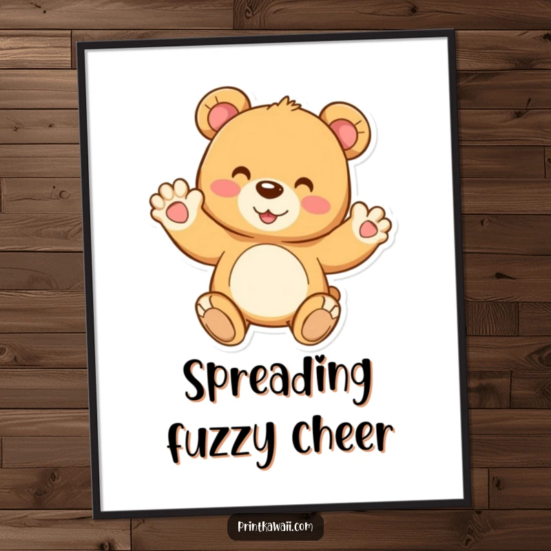Funny digital art print of a joyful teddy bear character waving, ideal for adding a touch of adorable warmth and cheer to wall decor.