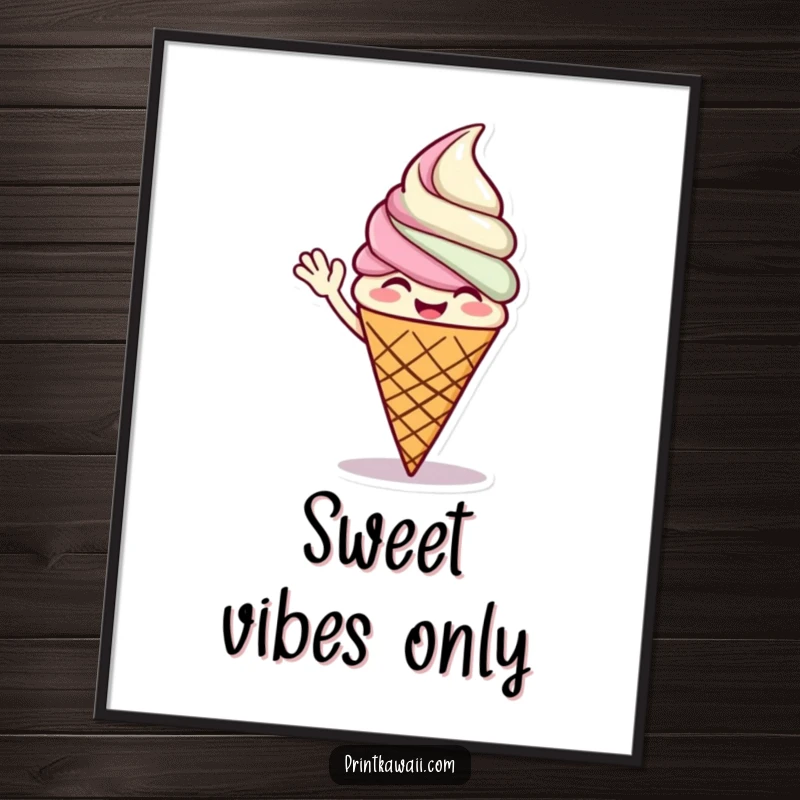 Funny digital art print of a giggling ice cream cone character waving, ideal for adding a splash of sweet humor and playful charm.