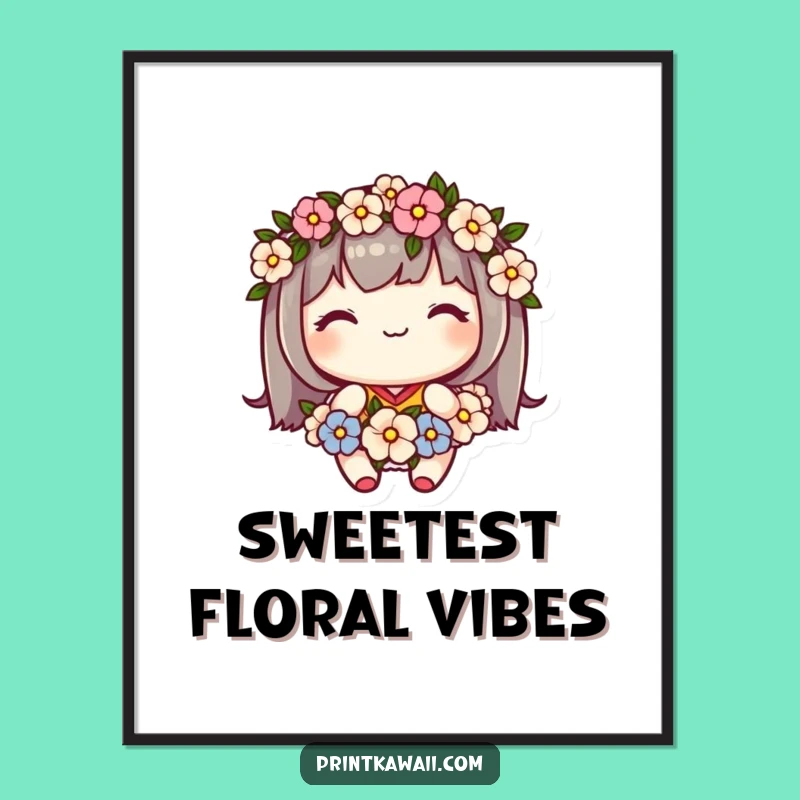 Funny Floral Art Print: Cute Kawaii Character's Sweet Smile