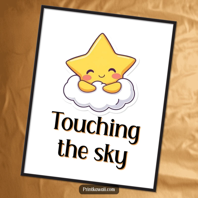 Funny Digital Art Print: A cheerful star character hugs a fluffy cloud, offering instant humorous and celestial decor.