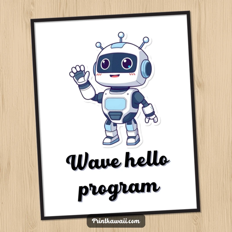 Funny digital art print of a happy robot character waving energetically, rendered in a friendly and futuristic style.