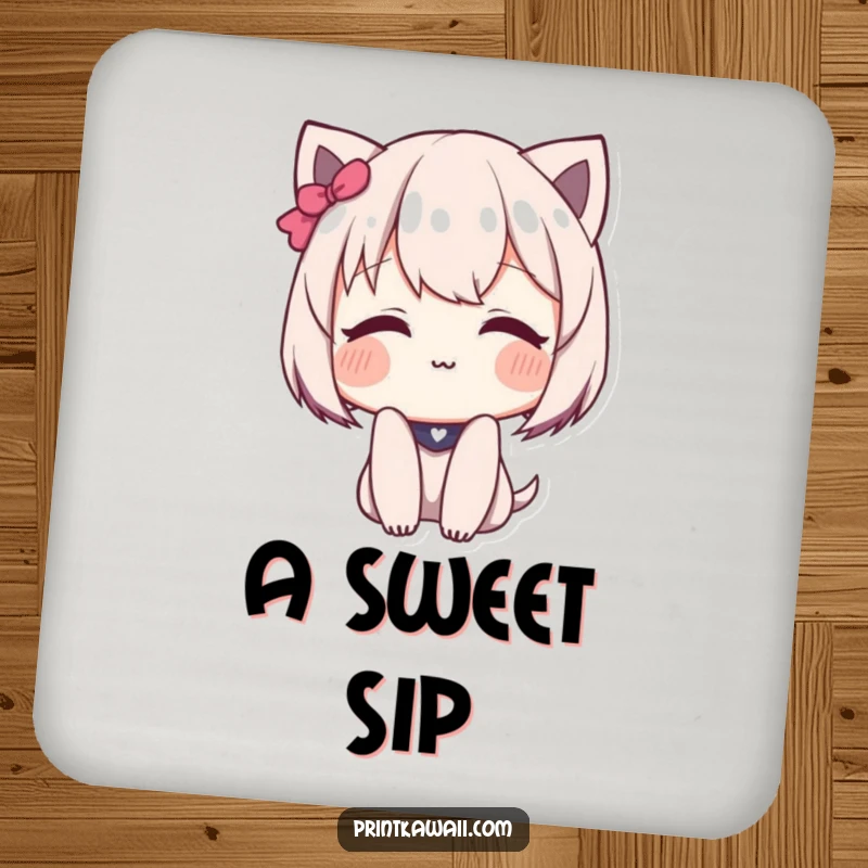 Funny Drink Coaster with a cute character blushing deeply and offering a sweet, shy smile.