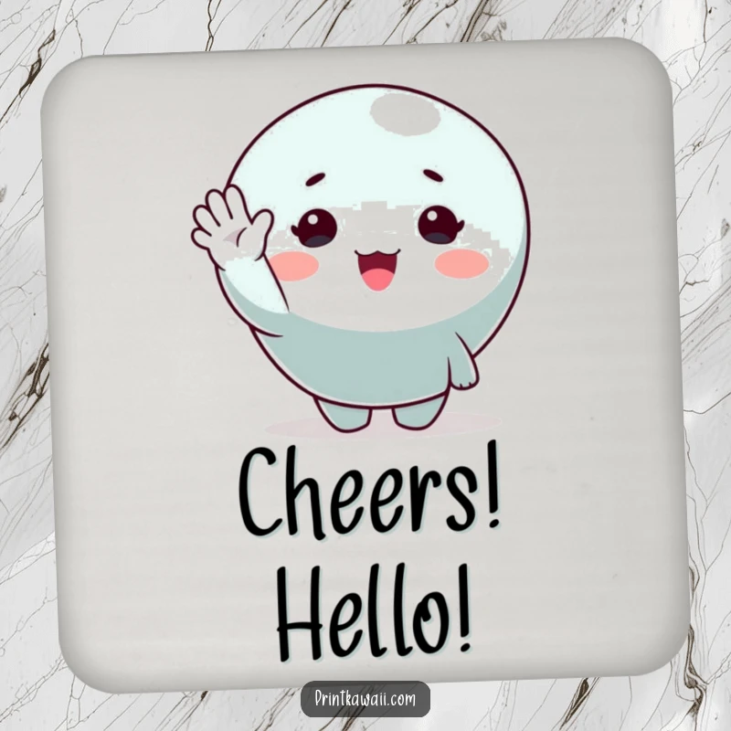 Funny drink coaster with a cute character giving a cheerful wave, protecting surfaces with a touch of humor.