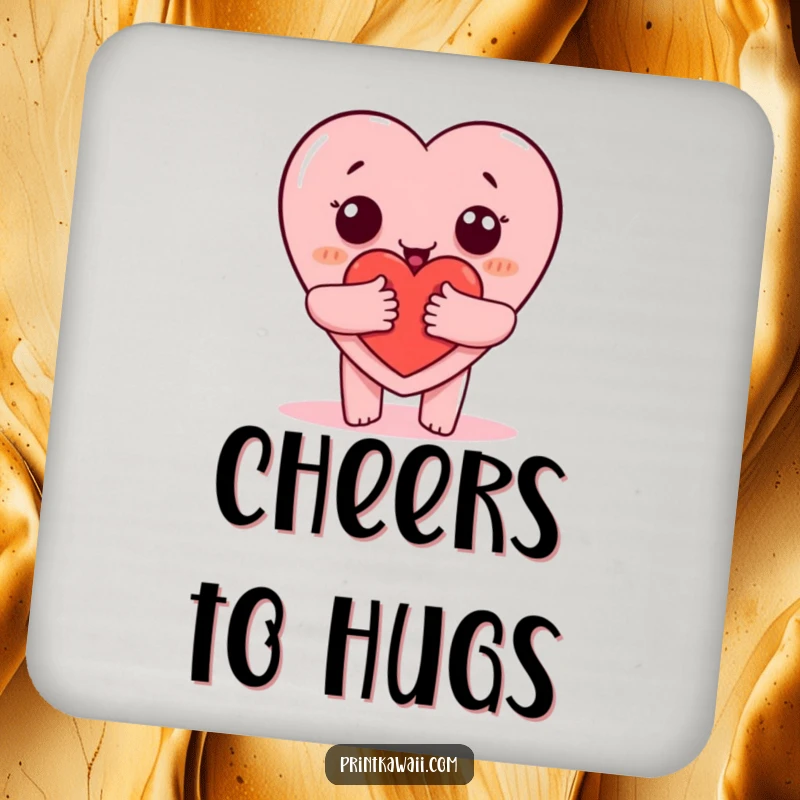 Funny coaster with a heart character offering a hug, protecting surfaces with warmth and cuteness, a great funny gift.
