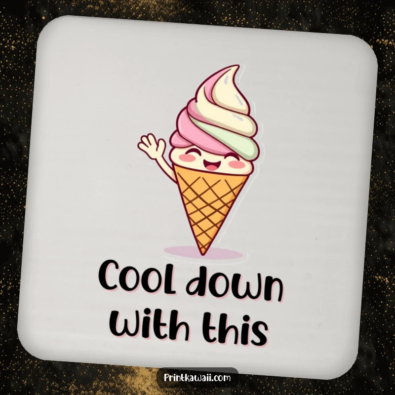 Funny drink coasters featuring a giggling ice cream cone character waving, protecting furniture with sweet charm and playful humor.