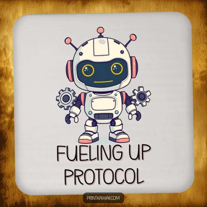 Funny drink coasters featuring a playful robot character with turning gears, protecting furniture with a dash of mechanical charm and humor.