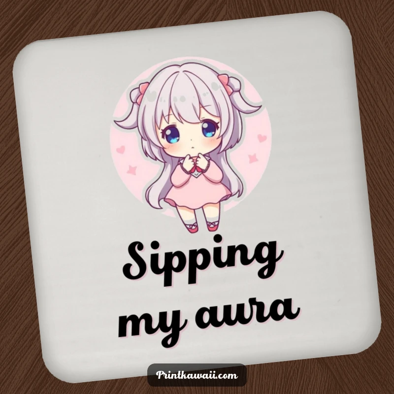 Funny Coaster: A character in a sweet pose, emitting a soft pink aura to protect your table.