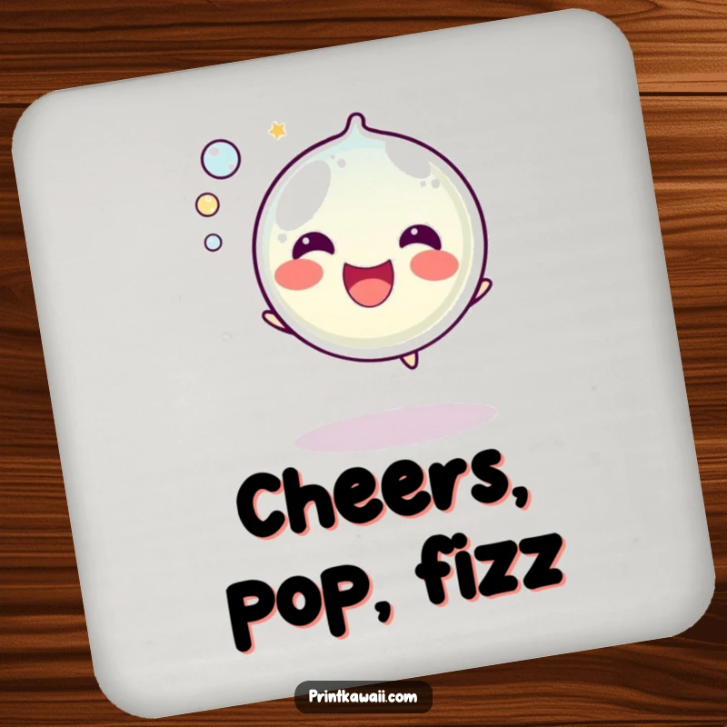 Funny Bubble Coaster: A happy bubble character is shown popping with a sound, protecting your surfaces with a splash of fun.