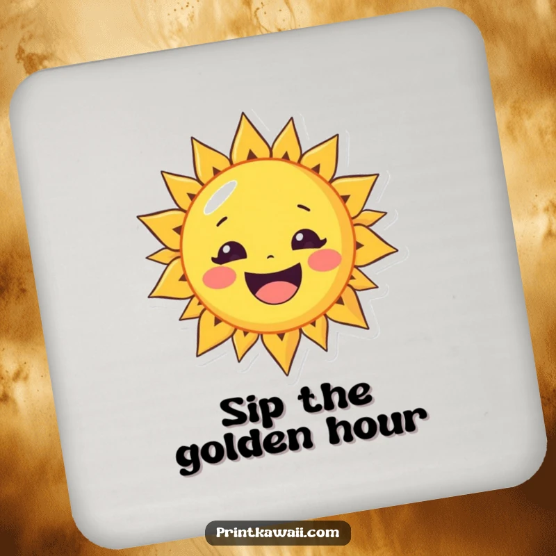 Funny drink coaster featuring a cheerful sun character with a wide smile, adding warmth and surface protection.
