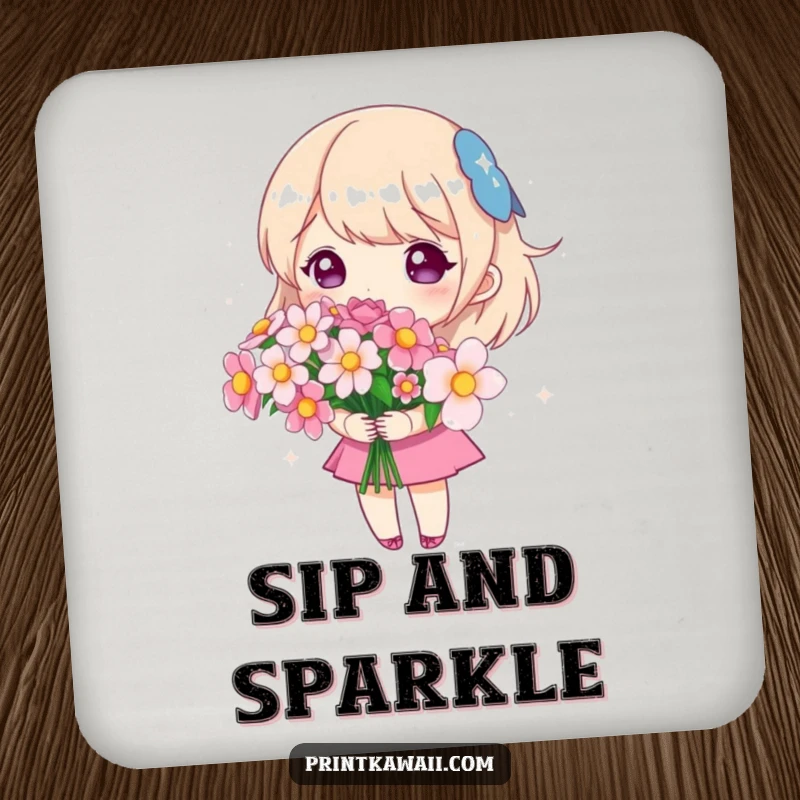 Funny drink coaster with a cute character holding a bouquet of sparkling flowers, protecting surfaces with comic elegance.