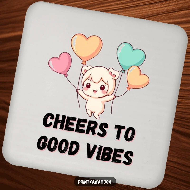 Funny drink coaster featuring a cute kawaii character playfully floating with heart-shaped balloons, a whimsical table protector.