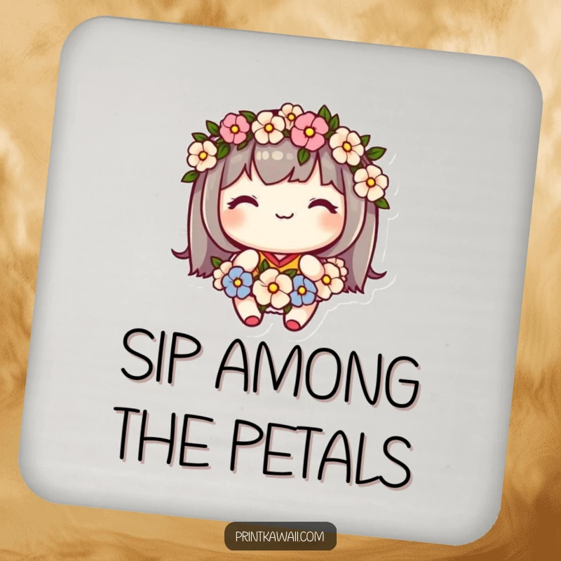 Funny drink coaster featuring a cute kawaii character wearing a flower garland and smiling sweetly, a charming table protector.