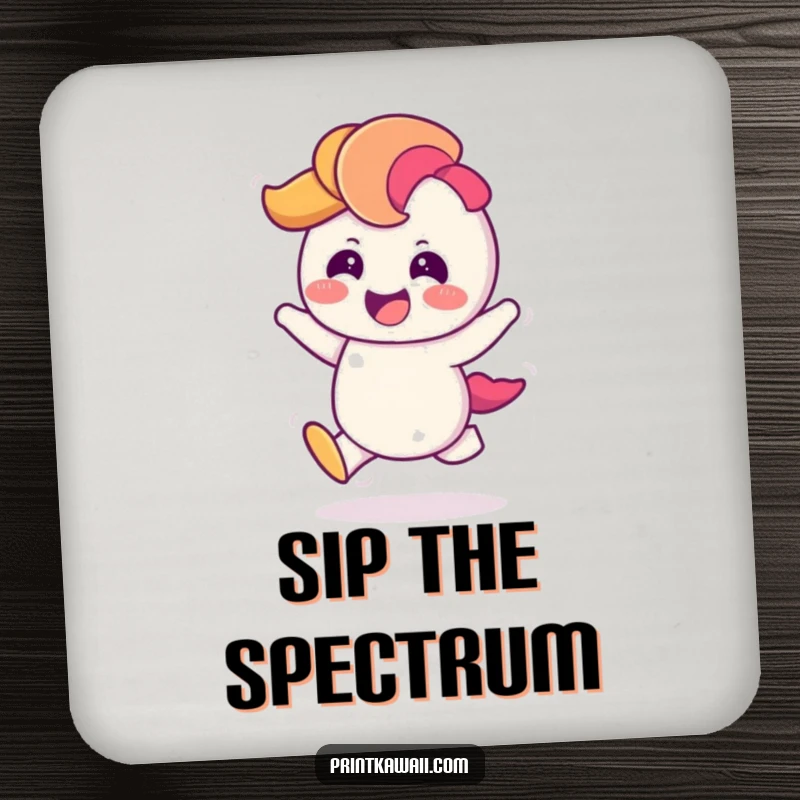 Funny Coaster with a giggling rainbow character doing a cheerful hop, adding vibrant fun and protecting surfaces.