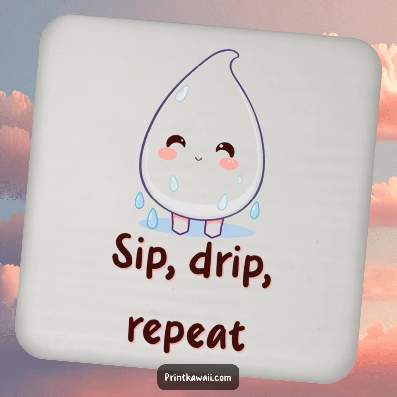 Funny Coaster depicting a plump, happy raindrop character dripping with joy, adding a cheerful touch while protecting surfaces.