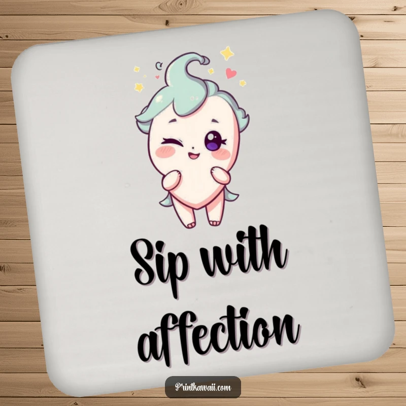 Funny drink coaster with a sparkling heart character giving a playful wink, protecting tables with flirty humor.