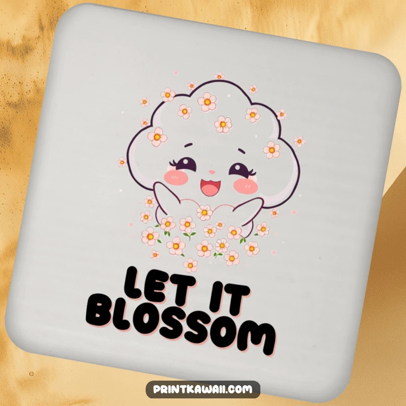 Funny Coaster with a joyful cloud character showering blossoms, adding gentle beauty and protecting surfaces.