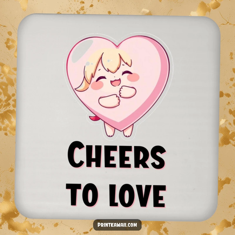 Funny drink coaster with a kawaii character joyfully embracing a large heart, protecting surfaces with comic affection.