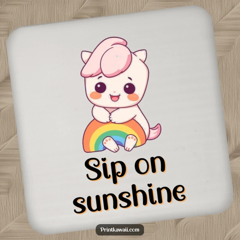 Funny drink coaster with a cute kawaii character hugging a vibrant rainbow, adding a touch of joy to any table.