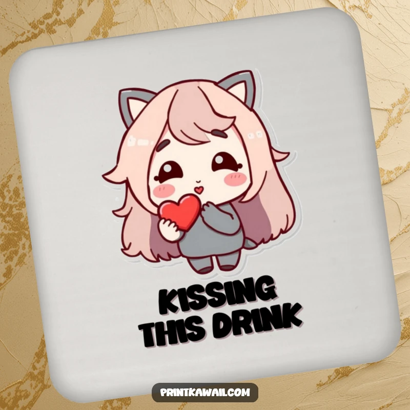 Funny Coaster: A gentle character blowing a kiss towards a heart, protecting your table.