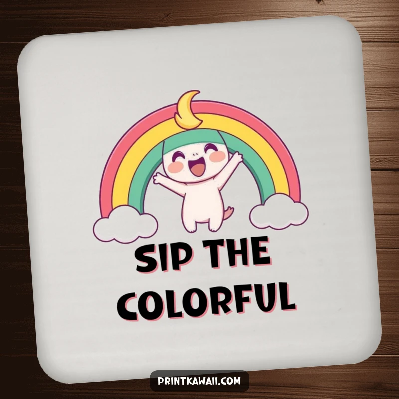 Funny Coaster depicting a playful rainbow character arching joyfully, adding a cheerful and colorful touch while protecting surfaces.