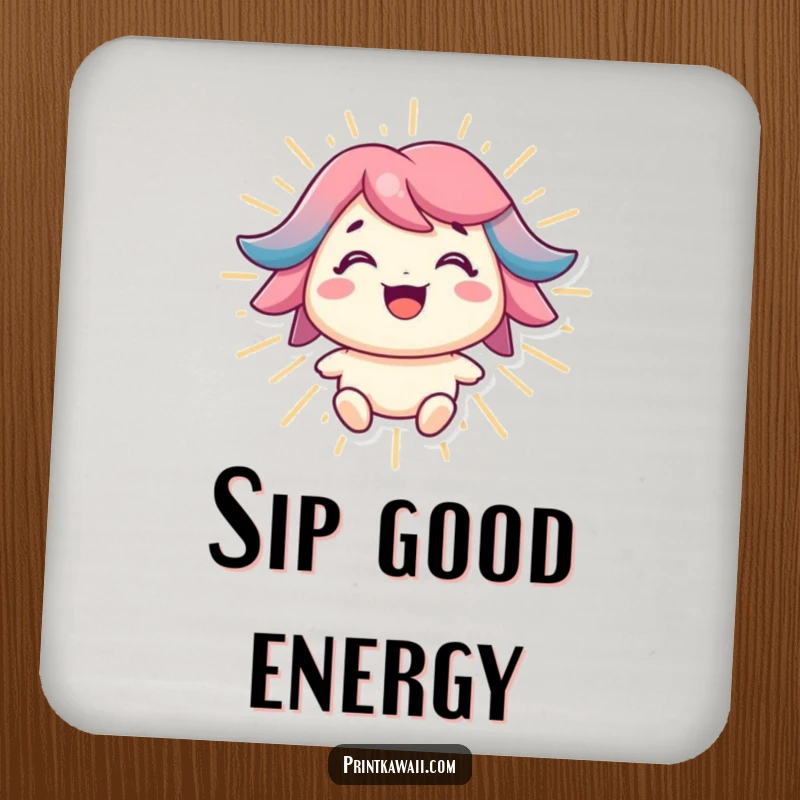 Funny drink coaster with a character radiating positive energy and a bright smile, adding cheer to surfaces.