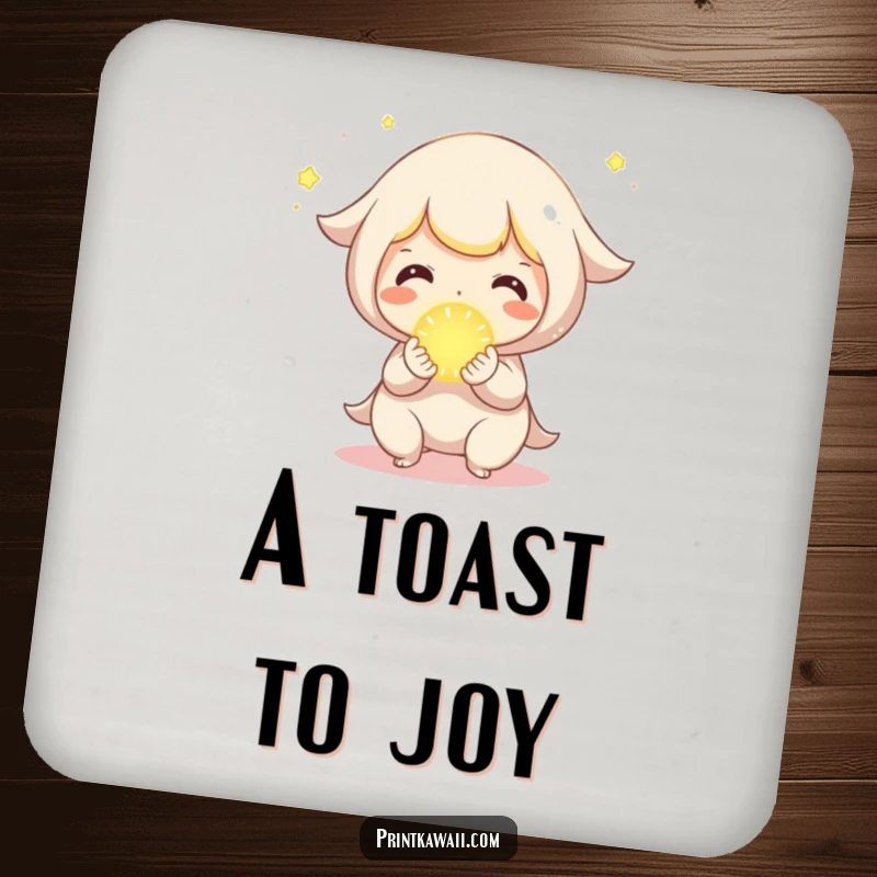 Funny Drink Coaster with a cute character joyfully sharing a small, glowing orb, symbolizing kindness.